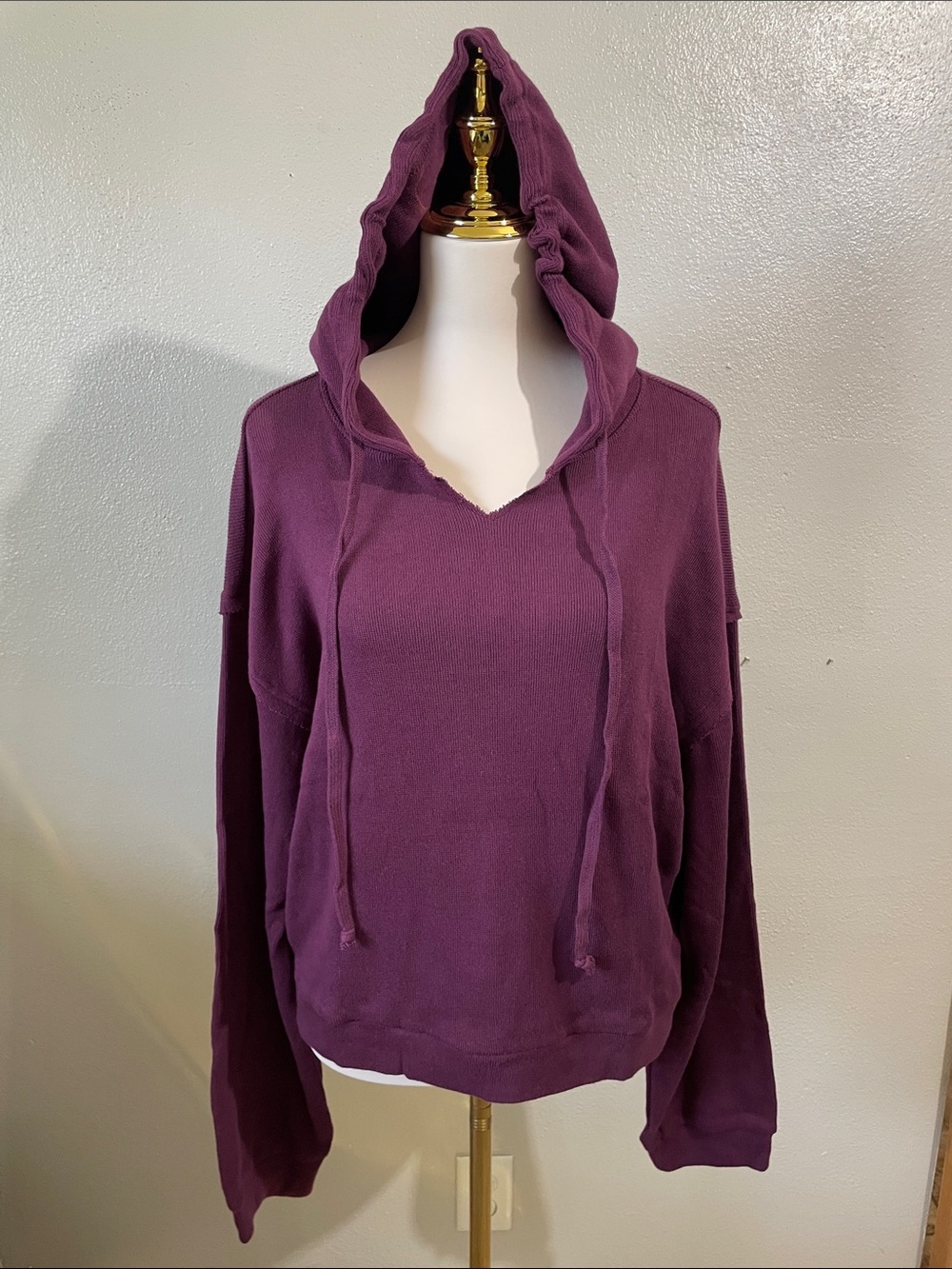 Cabincore NWT Hooded V Neck Textured Knit Sweater Purple FP Beach Large Slouchy